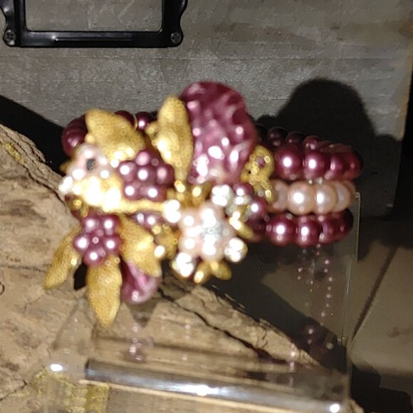 Cuff Beaded Bracelet Vintage Pink Gold Floral Beaded Rhinestones Faux Pearl - Picture 11 of 16
